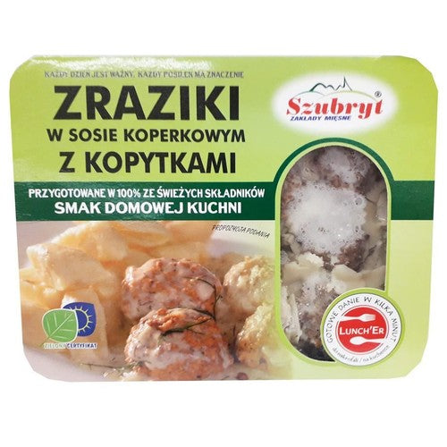 Zraziki w sosie koperkowym z kopytkami. Szubryt 420 g